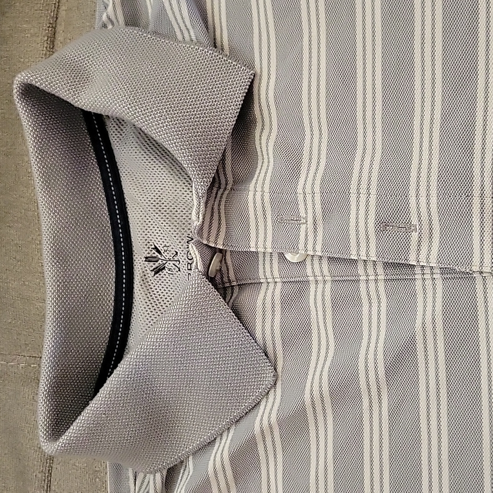 Arrow men's casual lightweight polo. Gray & white stripped. XLT